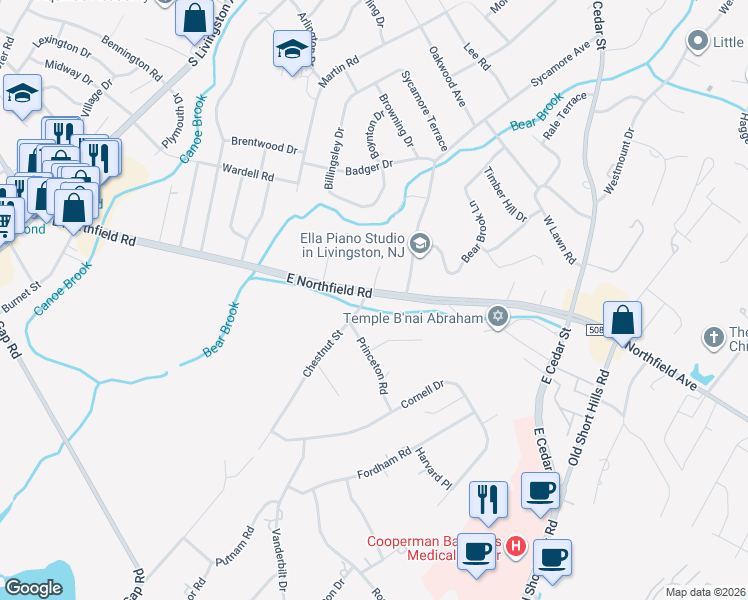 map of restaurants, bars, coffee shops, grocery stores, and more near 220 East Northfield Road in Livingston