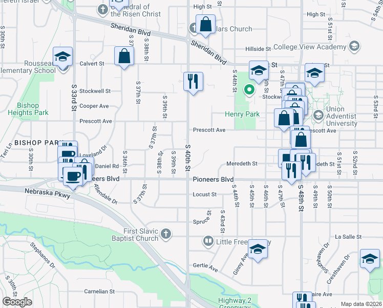 map of restaurants, bars, coffee shops, grocery stores, and more near 4126 South 40th Street in Lincoln