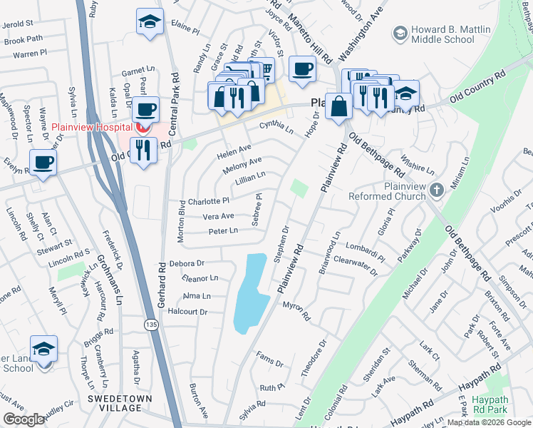 map of restaurants, bars, coffee shops, grocery stores, and more near 64 Hope Drive in Plainview