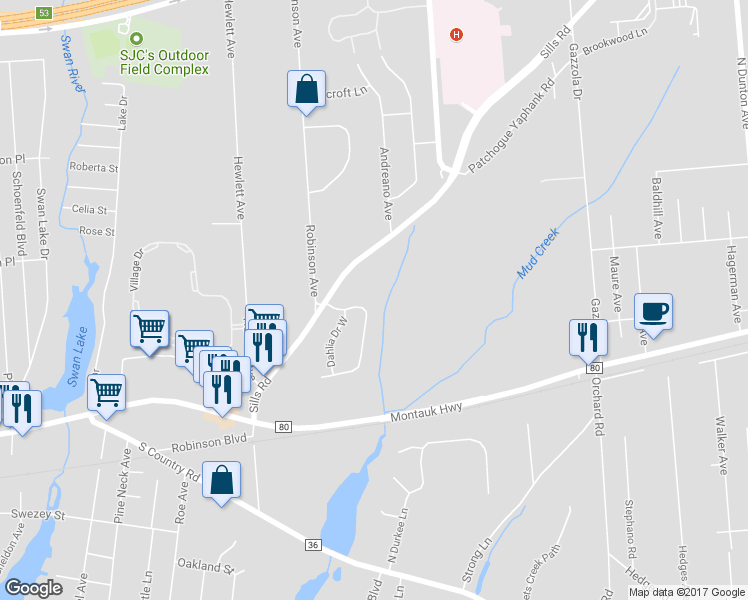 map of restaurants, bars, coffee shops, grocery stores, and more near 25 Orchid Rd in East Patchogue