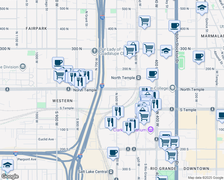 map of restaurants, bars, coffee shops, grocery stores, and more near 641 West North Temple in Salt Lake City