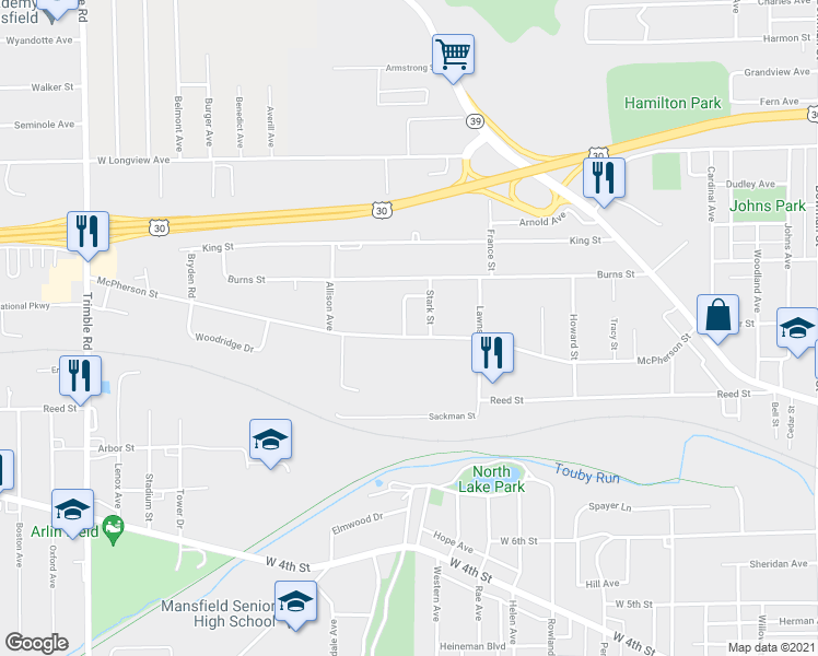 map of restaurants, bars, coffee shops, grocery stores, and more near 688 McPherson Street in Mansfield