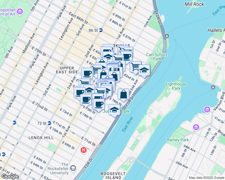 map of restaurants, bars, coffee shops, grocery stores, and more near 503 East 79th Street in New York