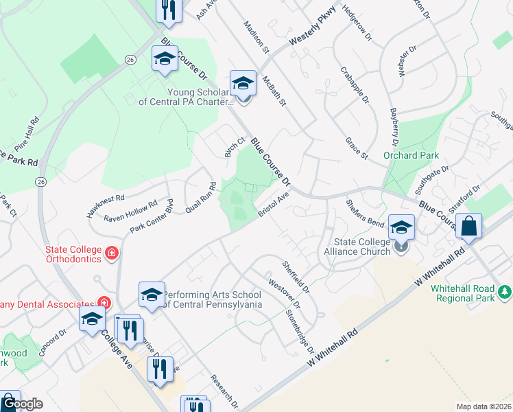 map of restaurants, bars, coffee shops, grocery stores, and more near 101 Washington Place in State College
