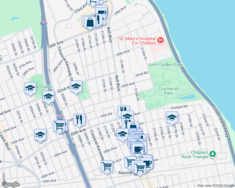 map of restaurants, bars, coffee shops, grocery stores, and more near 33-20 Bell Boulevard in Queens