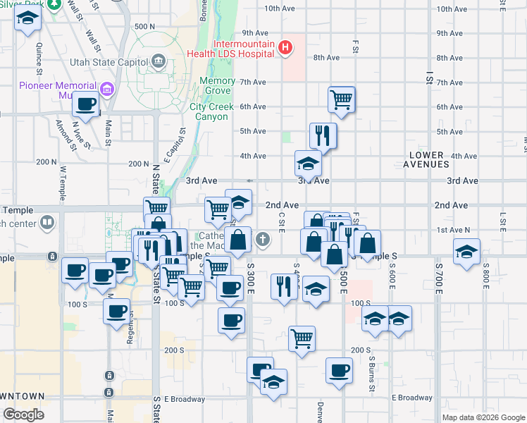 map of restaurants, bars, coffee shops, grocery stores, and more near in Salt Lake City