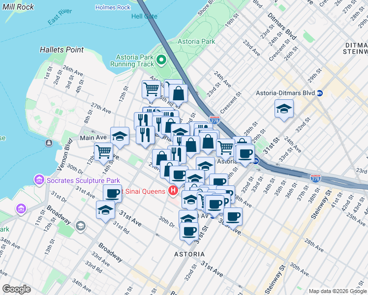 map of restaurants, bars, coffee shops, grocery stores, and more near 23-35 Newtown Avenue in Queens