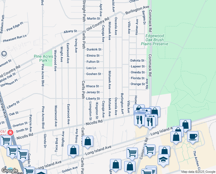 map of restaurants, bars, coffee shops, grocery stores, and more near 80 Mohawk Avenue in Deer Park