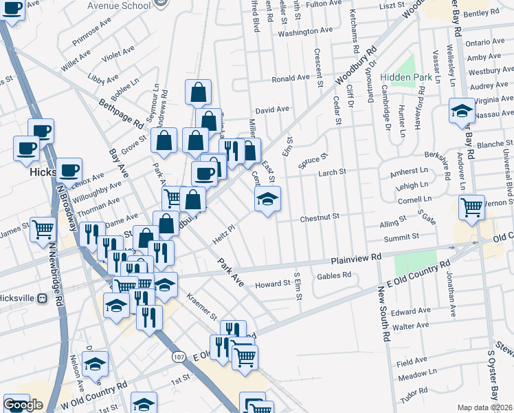 map of restaurants, bars, coffee shops, grocery stores, and more near 70 Center Street in Hicksville