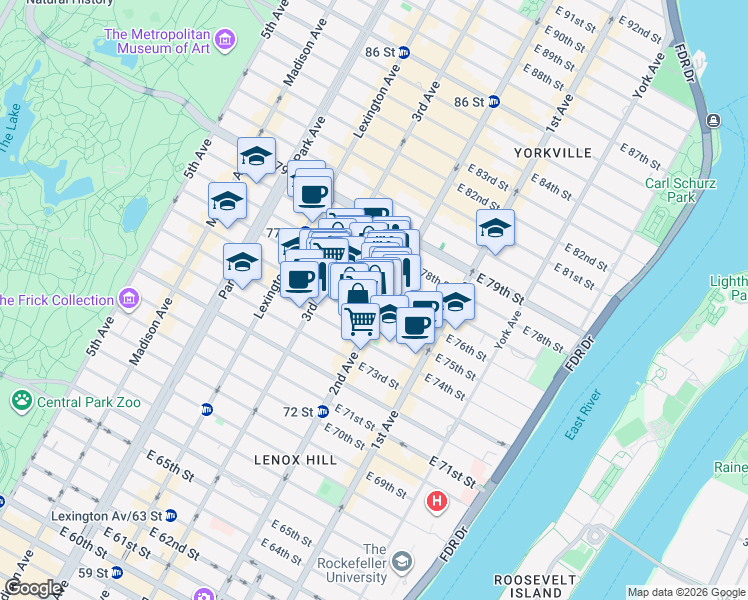 map of restaurants, bars, coffee shops, grocery stores, and more near 240 East 76th Street in New York