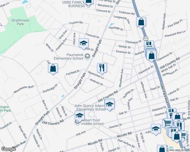 map of restaurants, bars, coffee shops, grocery stores, and more near 16 Nantucket Lane in Deer Park