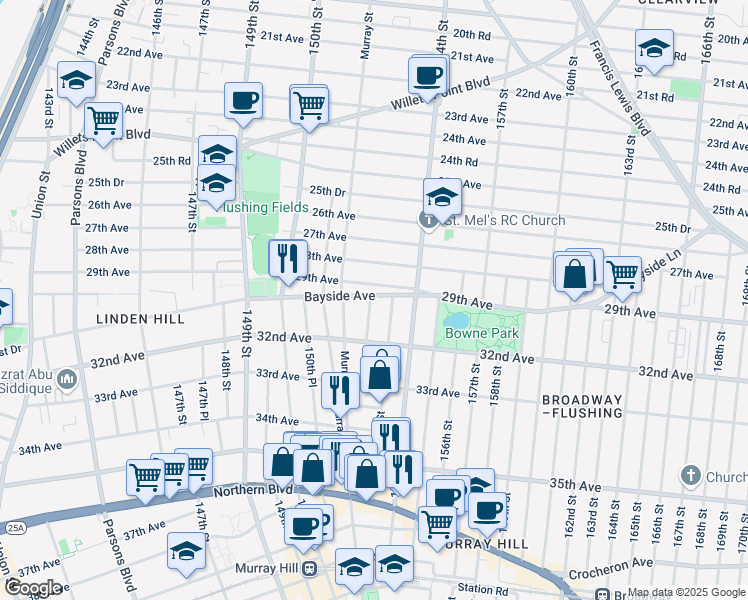 map of restaurants, bars, coffee shops, grocery stores, and more near 152-4 Bayside Avenue in Queens