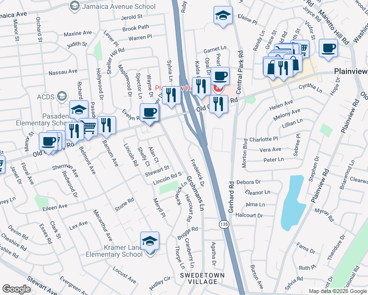 map of restaurants, bars, coffee shops, grocery stores, and more near 4 Frederick Drive in Plainview