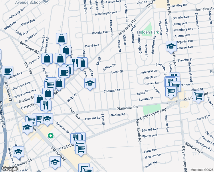 map of restaurants, bars, coffee shops, grocery stores, and more near 47 Spruce Street in Hicksville