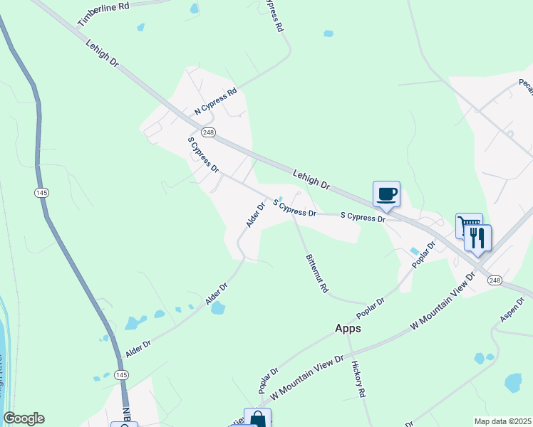 map of restaurants, bars, coffee shops, grocery stores, and more near 4795 Alder Drive in Walnutport