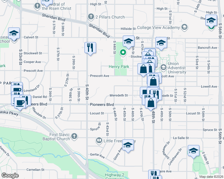 map of restaurants, bars, coffee shops, grocery stores, and more near 4111 South 44th Street in Lincoln
