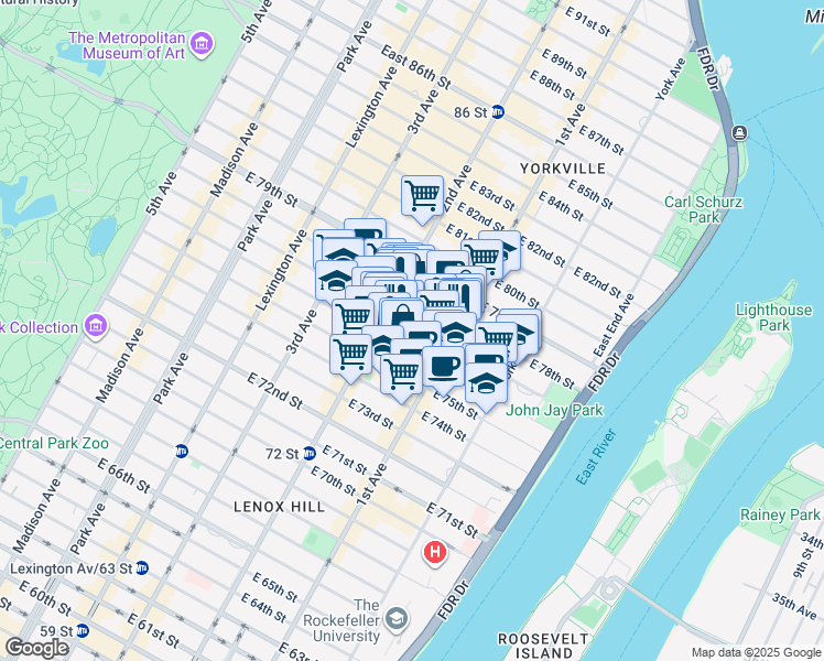 map of restaurants, bars, coffee shops, grocery stores, and more near 345 East 77th Street in New York