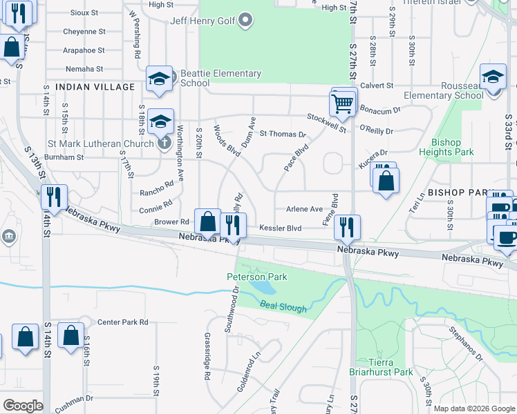 map of restaurants, bars, coffee shops, grocery stores, and more near 2338 Burnham Street in Lincoln