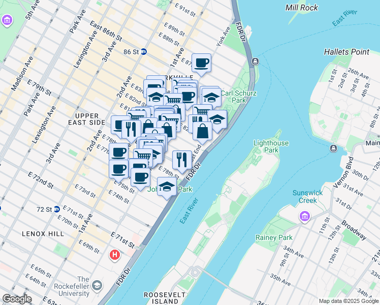 map of restaurants, bars, coffee shops, grocery stores, and more near 535 East 80th Street in New York