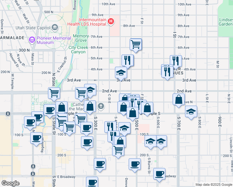map of restaurants, bars, coffee shops, grocery stores, and more near 328 East 2nd Avenue in Salt Lake City