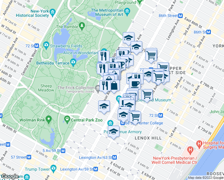 map of restaurants, bars, coffee shops, grocery stores, and more near 867 Madison Avenue in New York