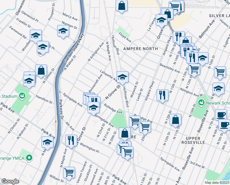 map of restaurants, bars, coffee shops, grocery stores, and more near 540 North Grove Street in East Orange