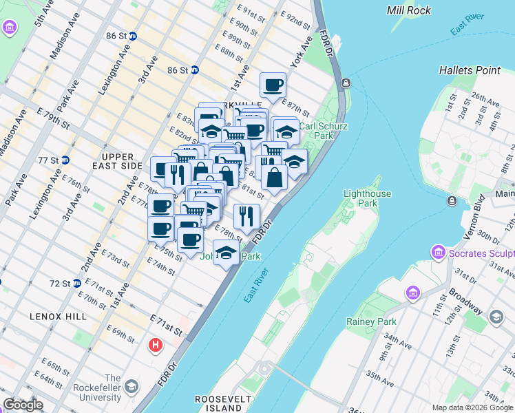 map of restaurants, bars, coffee shops, grocery stores, and more near 535 East 80th Street in New York