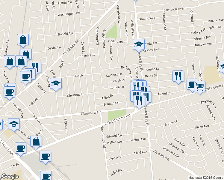 map of restaurants, bars, coffee shops, grocery stores, and more near 46 Cornell Ln in Hicksville