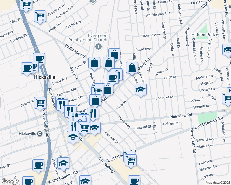 map of restaurants, bars, coffee shops, grocery stores, and more near 117 Harding Ave in Hicksville