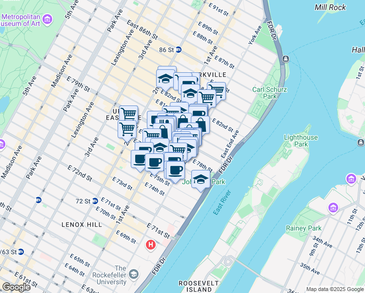 map of restaurants, bars, coffee shops, grocery stores, and more near 440 East 79th Street in New York