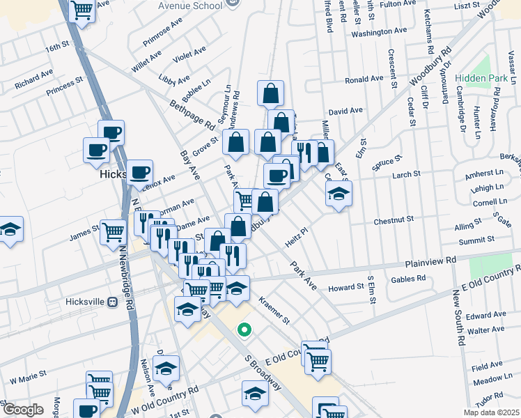 map of restaurants, bars, coffee shops, grocery stores, and more near 12 Max Avenue in Hicksville