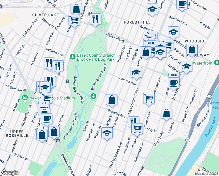 map of restaurants, bars, coffee shops, grocery stores, and more near 441 Highland Avenue in Newark