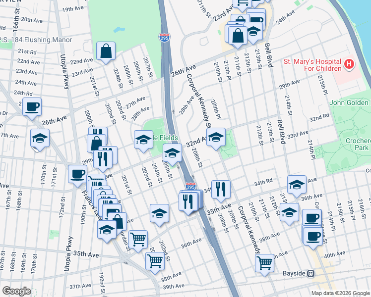 map of restaurants, bars, coffee shops, grocery stores, and more near 2861 Clearview Expressway Service Road in Queens