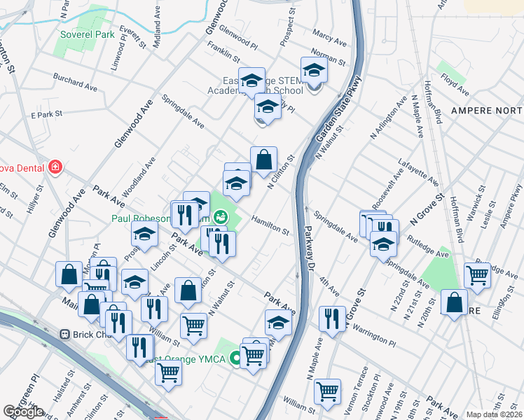 map of restaurants, bars, coffee shops, grocery stores, and more near 287 North Walnut Street in East Orange