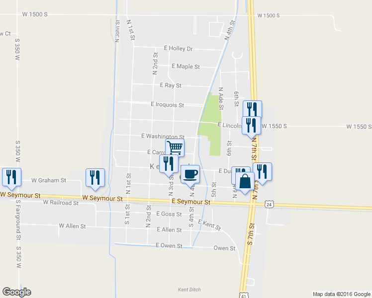 map of restaurants, bars, coffee shops, grocery stores, and more near 308 East Carroll Street in Kentland