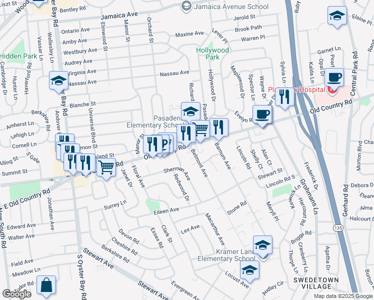 map of restaurants, bars, coffee shops, grocery stores, and more near 635 Old Country Road in Plainview