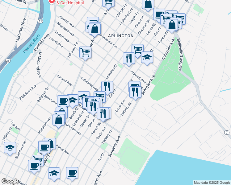 map of restaurants, bars, coffee shops, grocery stores, and more near 540 Elm Street in Kearny