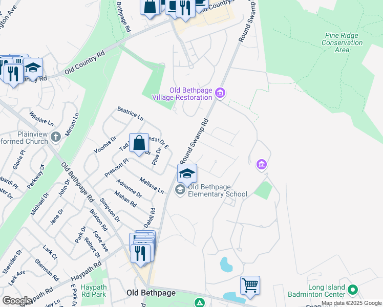 map of restaurants, bars, coffee shops, grocery stores, and more near 1196 Round Swamp Road in Old Bethpage