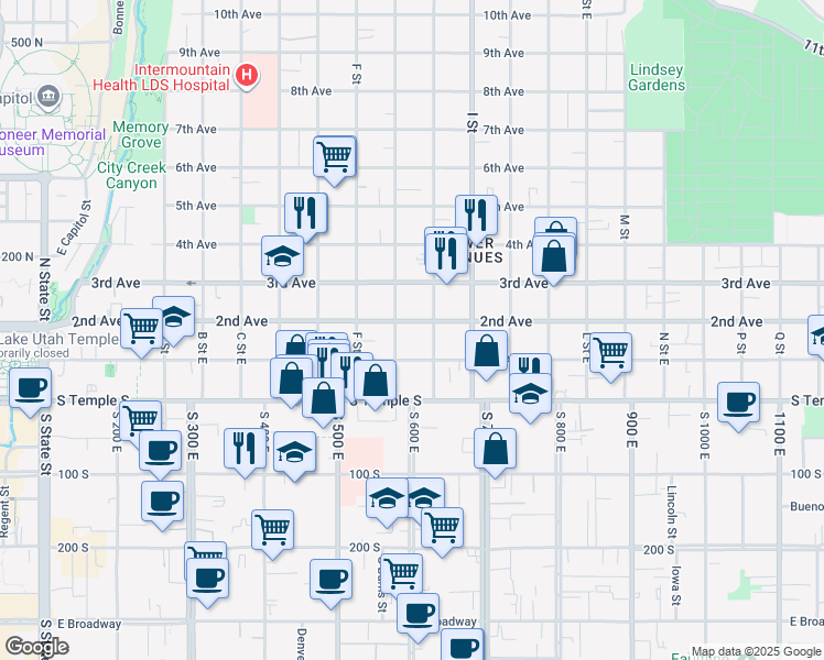 map of restaurants, bars, coffee shops, grocery stores, and more near 516 East 2nd Avenue in Salt Lake City
