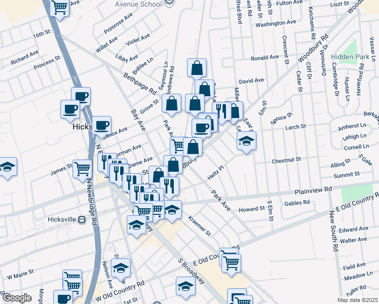 map of restaurants, bars, coffee shops, grocery stores, and more near 12 Max Avenue in Hicksville