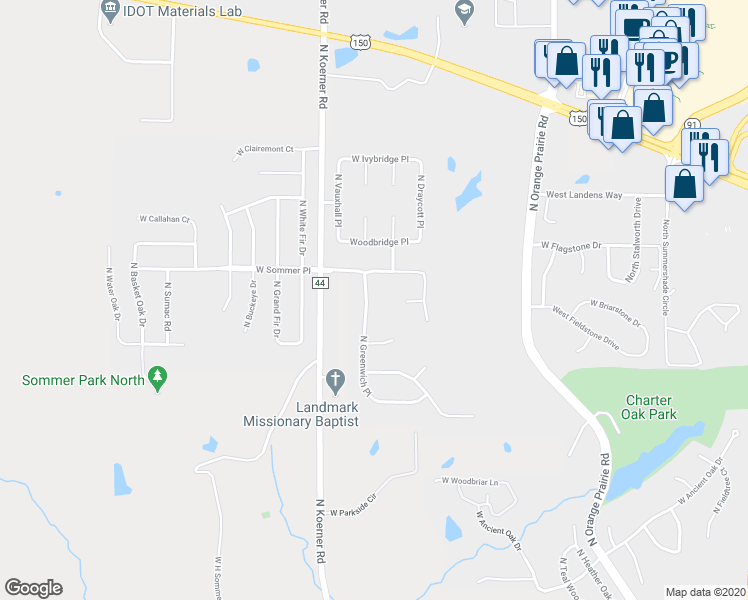 map of restaurants, bars, coffee shops, grocery stores, and more near 6814 North Greenwich Place in Peoria