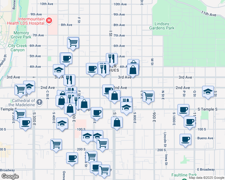 map of restaurants, bars, coffee shops, grocery stores, and more near 604 East 2nd Avenue in Salt Lake City