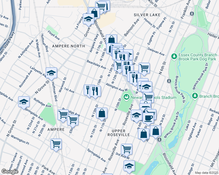 map of restaurants, bars, coffee shops, grocery stores, and more near 432 North 12th Street in Newark