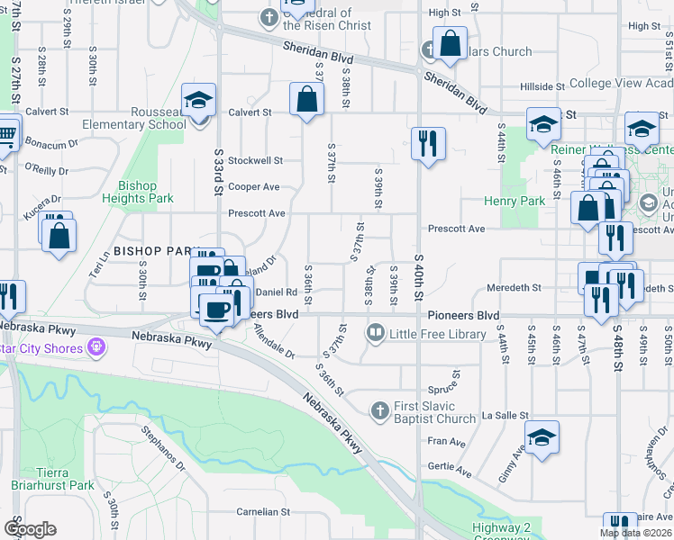 map of restaurants, bars, coffee shops, grocery stores, and more near 3641 Lowell Avenue in Lincoln