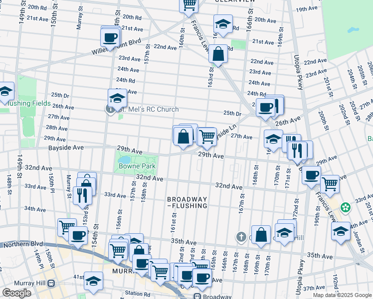 map of restaurants, bars, coffee shops, grocery stores, and more near 161-09 Bayside Lane in Queens