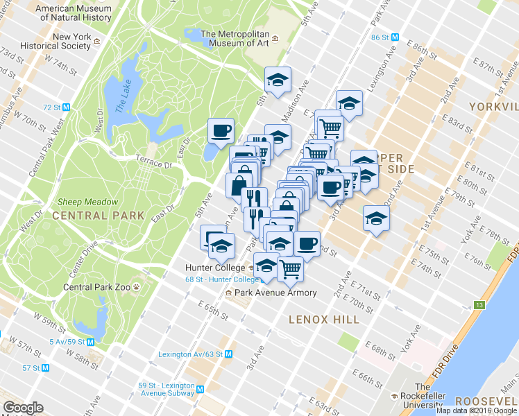 map of restaurants, bars, coffee shops, grocery stores, and more near 775 Park Avenue in New York