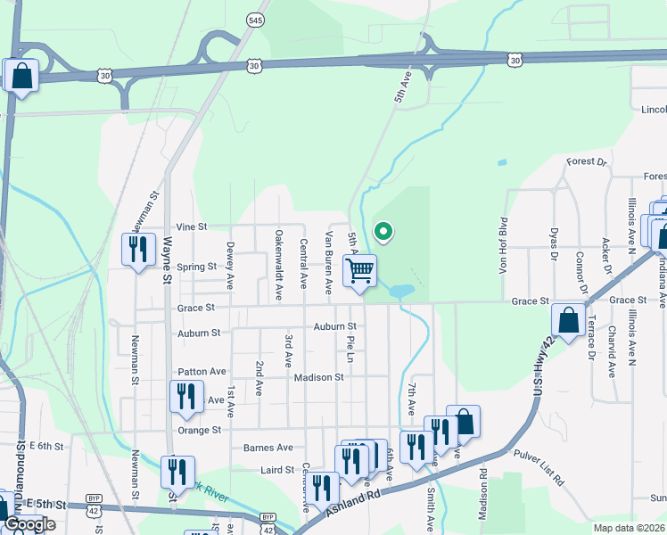 map of restaurants, bars, coffee shops, grocery stores, and more near 490 Van Buren Avenue in Mansfield