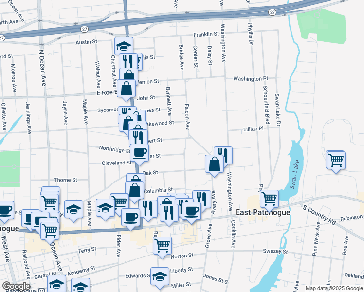 map of restaurants, bars, coffee shops, grocery stores, and more near 106 Case Ave in Patchogue