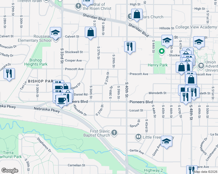 map of restaurants, bars, coffee shops, grocery stores, and more near 4131 South 38th Street in Lincoln