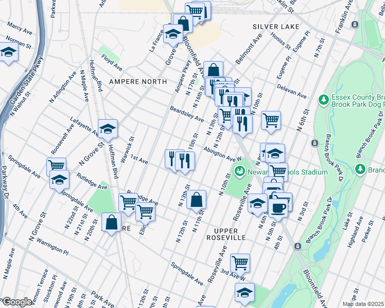 map of restaurants, bars, coffee shops, grocery stores, and more near 150 North 15th Street in Newark